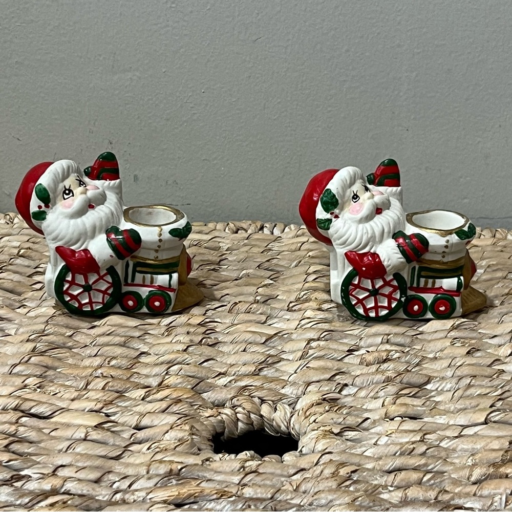 Giftco Vintage santa‎ candle holder Set Of 2 Train 3.5” Christmas Holiday